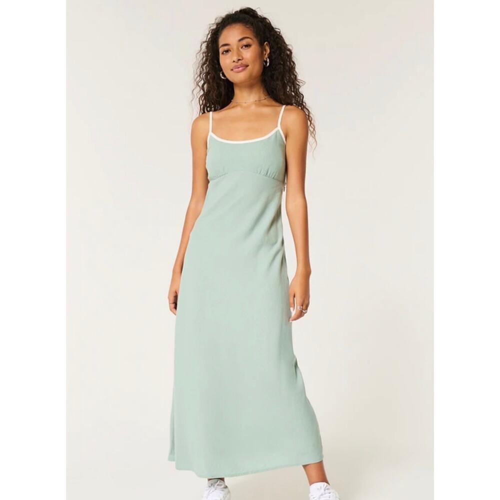 NWT Hollister Sage Green Linen Blend Open Back Dress Removable Pads-Size XLT
